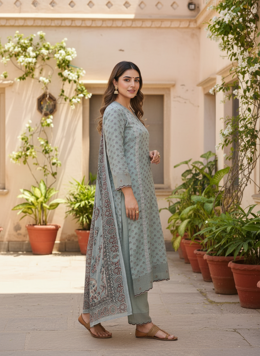 Soft Blue Embroidered Muslin Suit Set With Printed Dupatta
