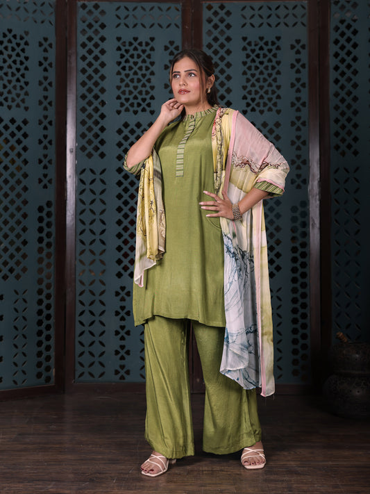 Olive Green Straight Kurta Set With Flared Pants & Printed Dupatta