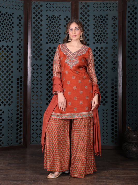 Rust Printed Kurta Set With Flared Palazzo And Dupatta