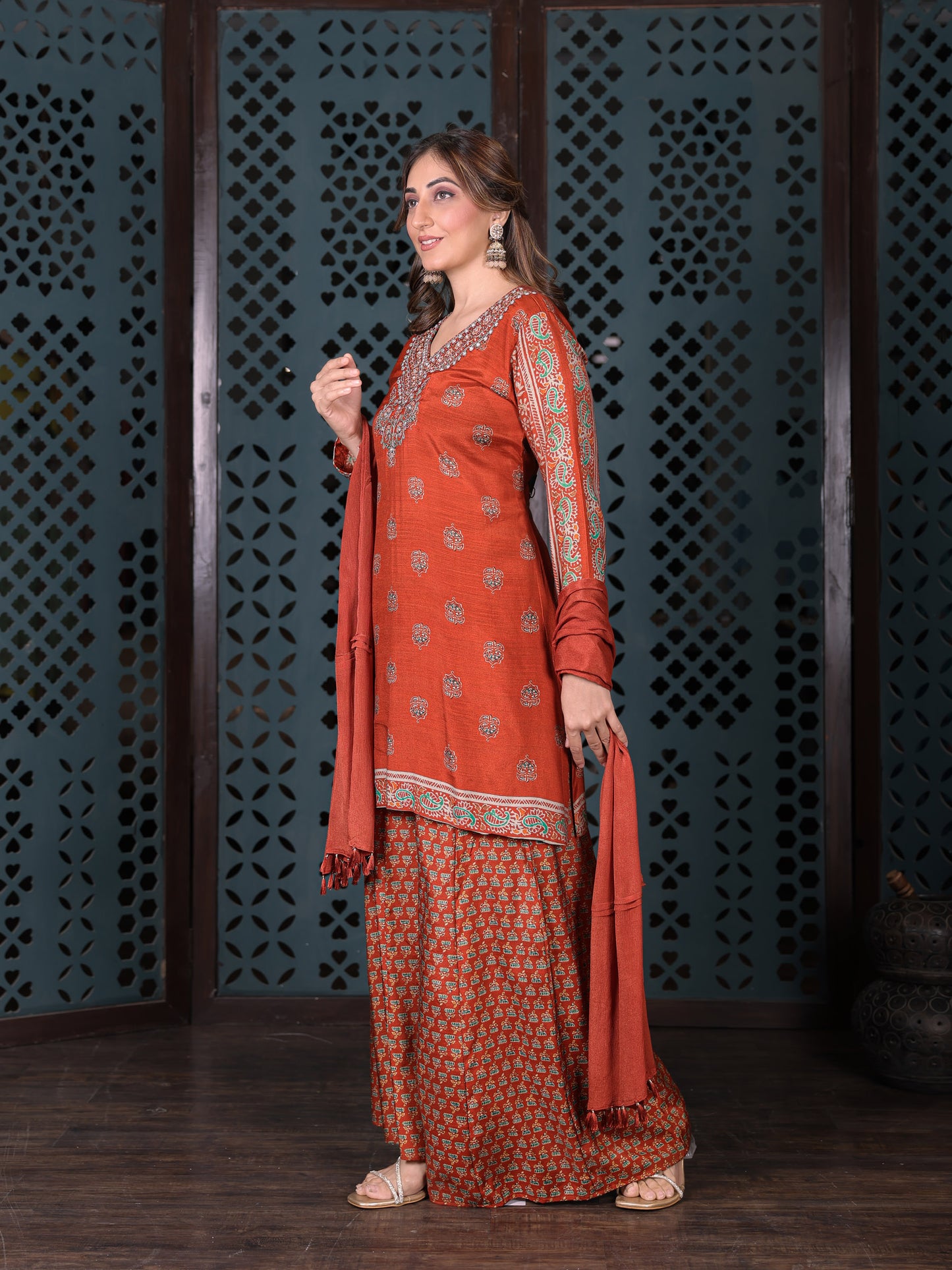 Rust Printed Kurta Set With Flared Palazzo And Dupatta