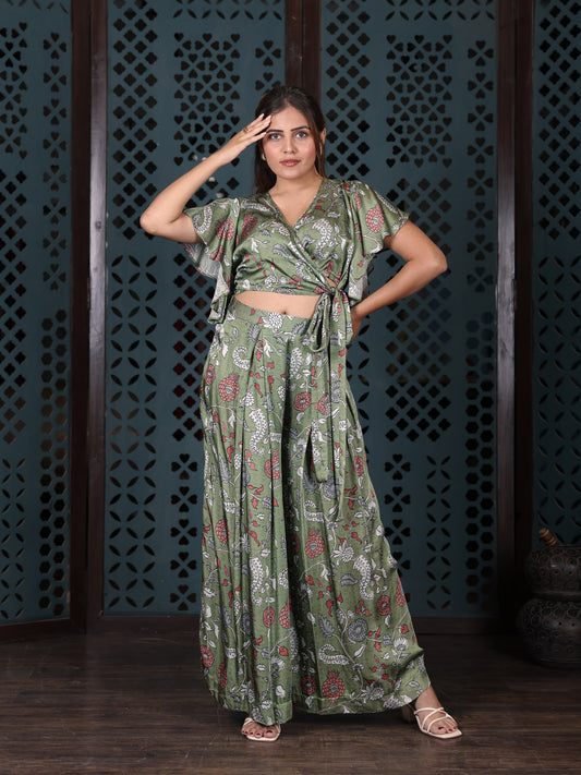 Olive Green Floral Wrap Top With Flared Palazzo