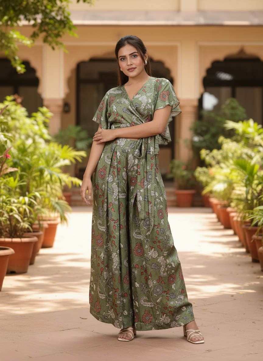 Olive Green Floral Wrap Top With Flared Palazzo