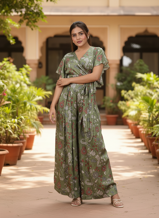 Olive Green Floral Wrap Top With Flared Palazzo