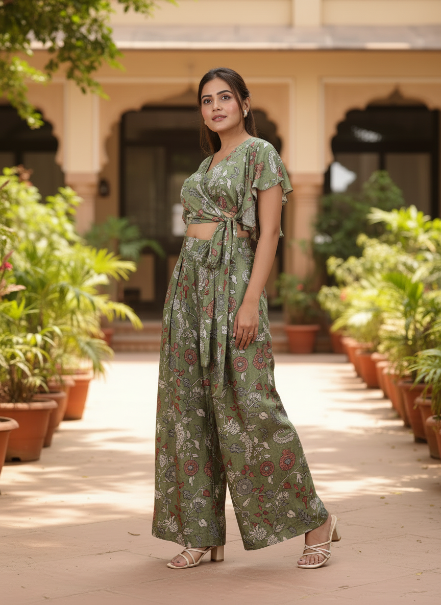Olive Green Floral Wrap Top With Flared Palazzo