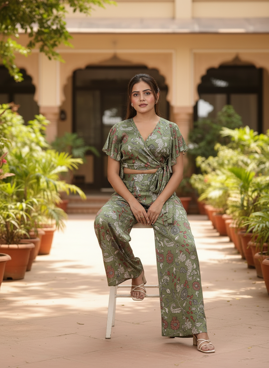 Olive Green Floral Wrap Top With Flared Palazzo