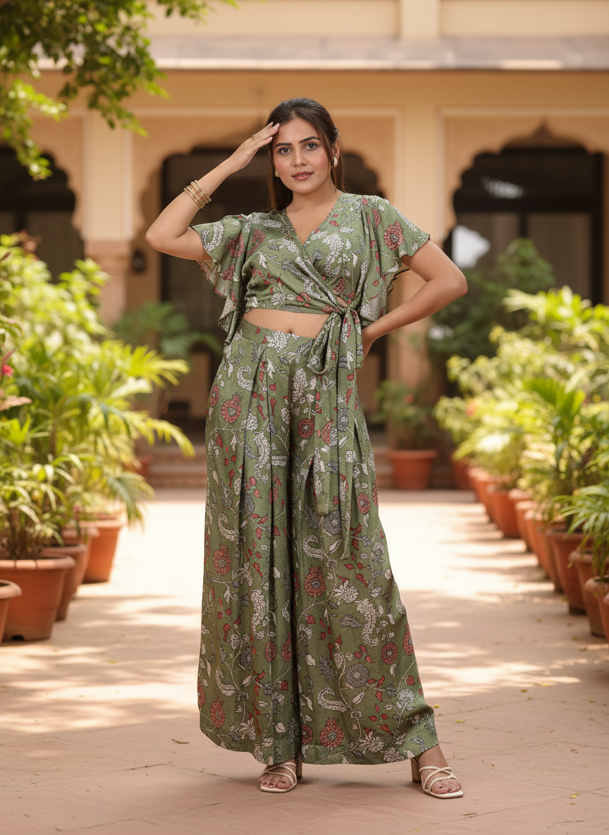 Olive Green Floral Wrap Top With Flared Palazzo