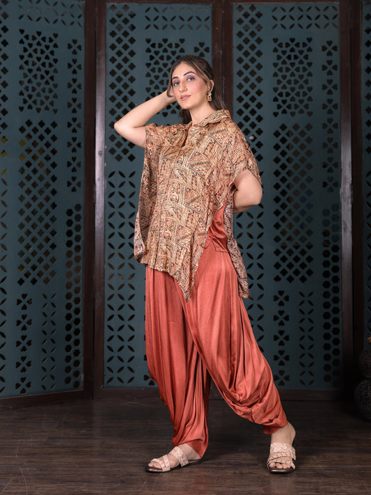 Rust Draped Dhoti Set With Printed Shirt