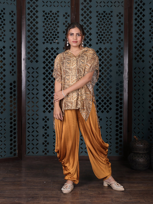 Yellow Draped Dhoti Set With Printed Shirt