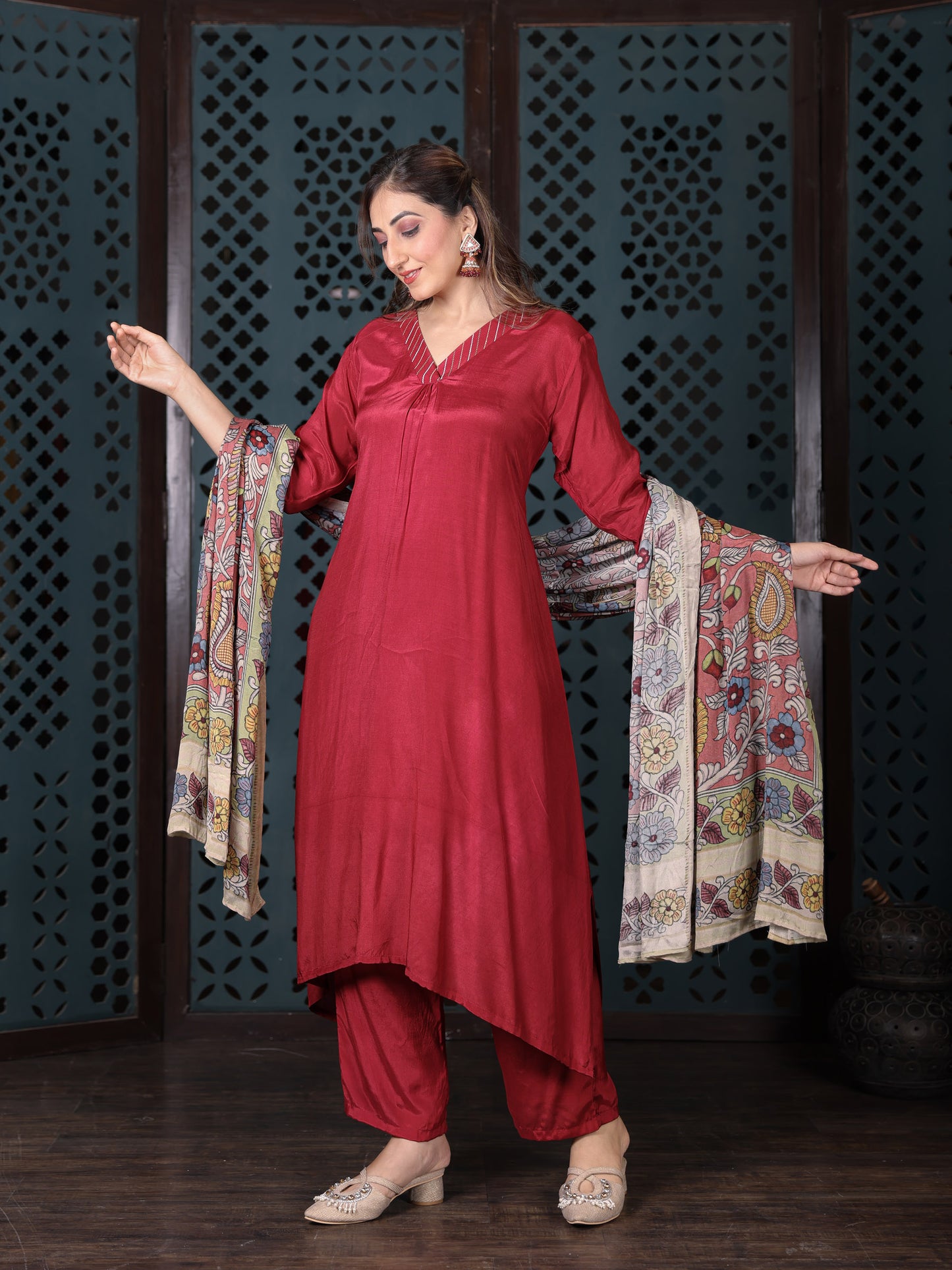Crimson Red Cotton Kurta Set With Printed Dupatta