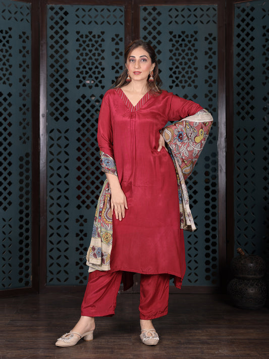 Crimson Red Cotton Kurta Set With Printed Dupatta
