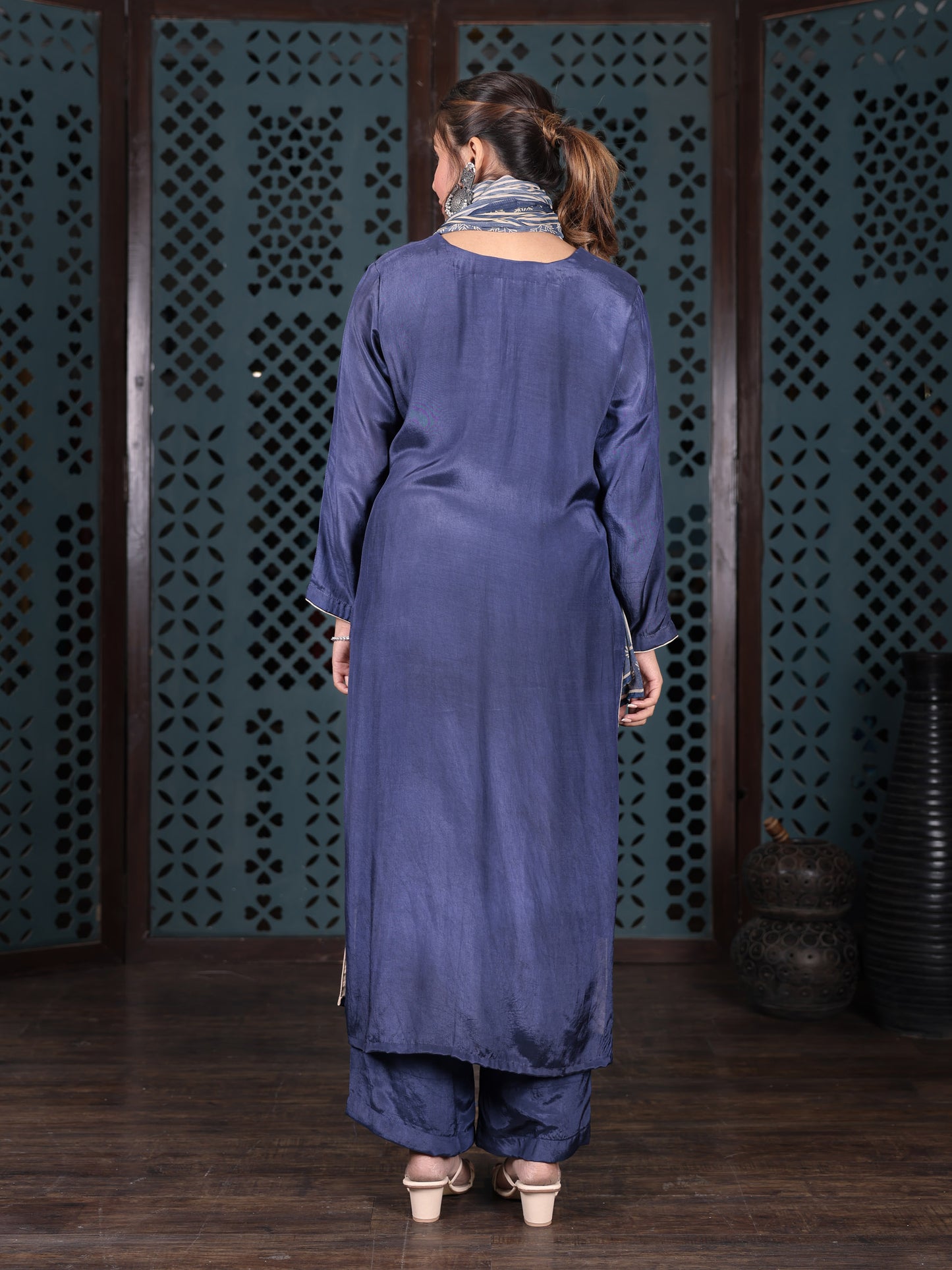 Indigo Blue Cotton Kurta Set With Striped Dupatta