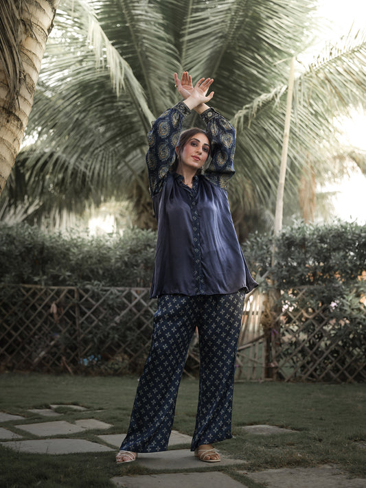 Navy Blue Printed Sleeve Co-ord Set