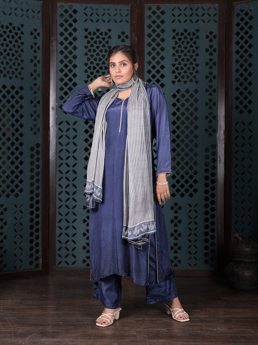 Indigo Blue Cotton Kurta Set With Striped Dupatta