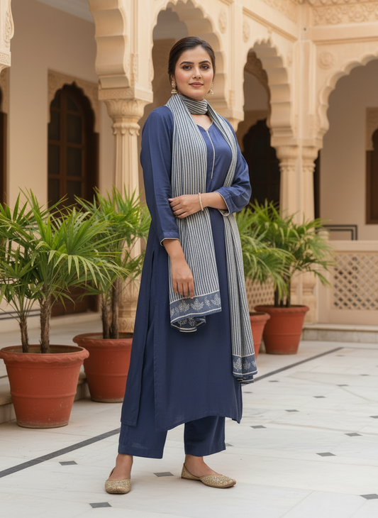 Indigo Blue Cotton Kurta Set With Striped Dupatta