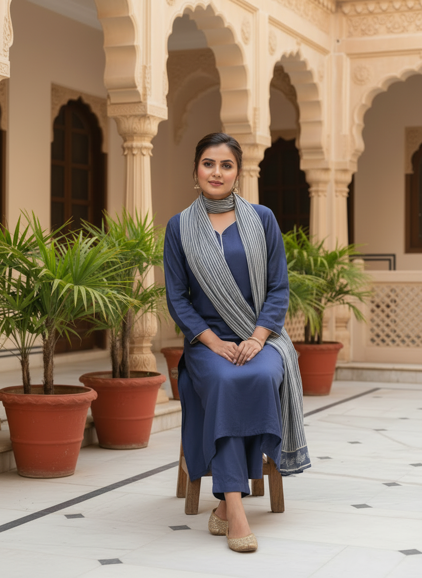 Indigo Blue Cotton Kurta Set With Striped Dupatta