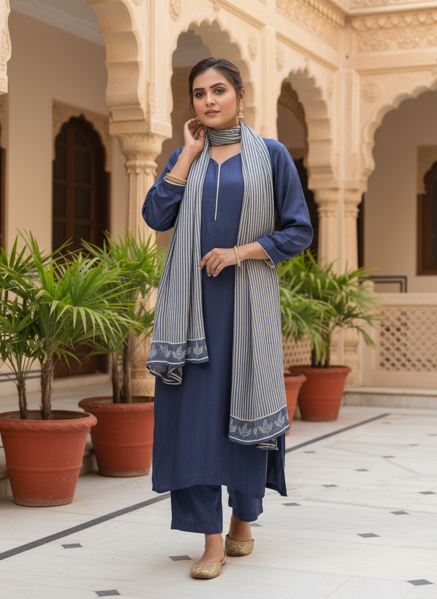 Indigo Blue Cotton Kurta Set With Striped Dupatta