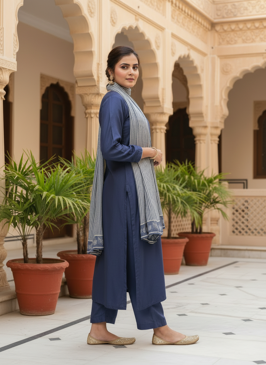 Indigo Blue Cotton Kurta Set With Striped Dupatta