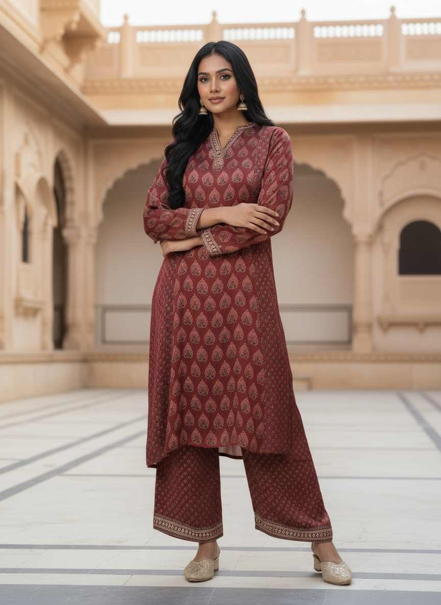 Maroon Ethnic Printed Kurta Set