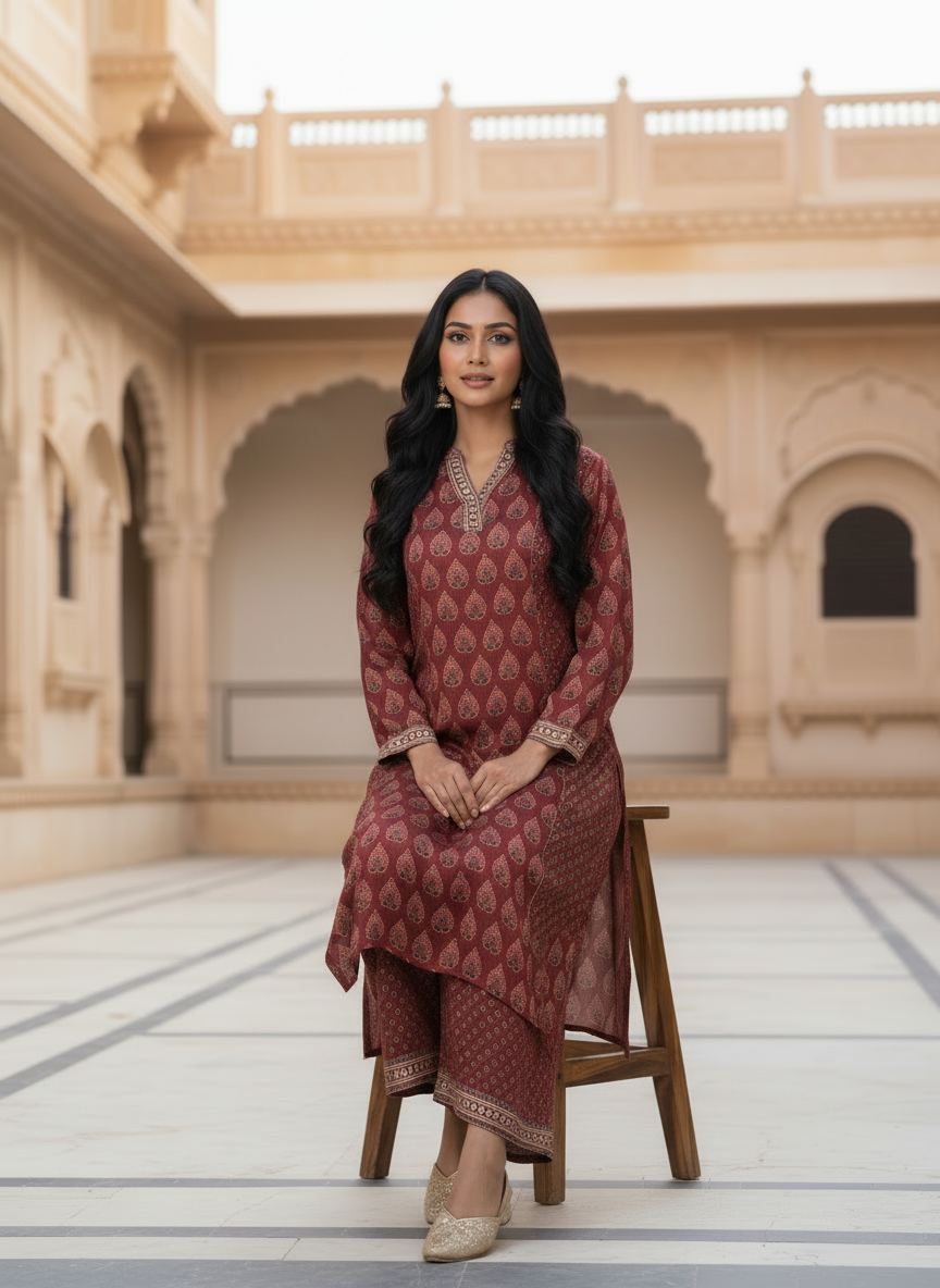 Maroon Ethnic Printed Kurta Set