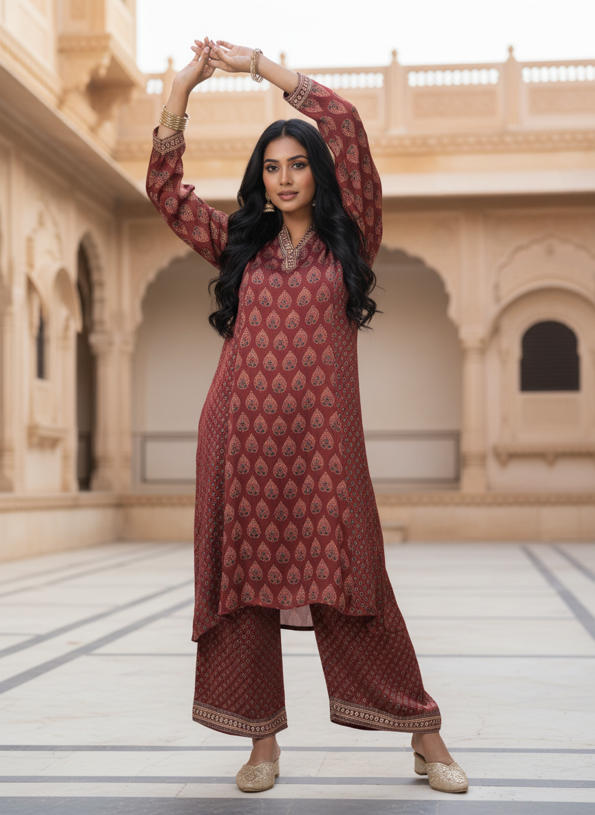 Maroon Ethnic Printed Kurta Set