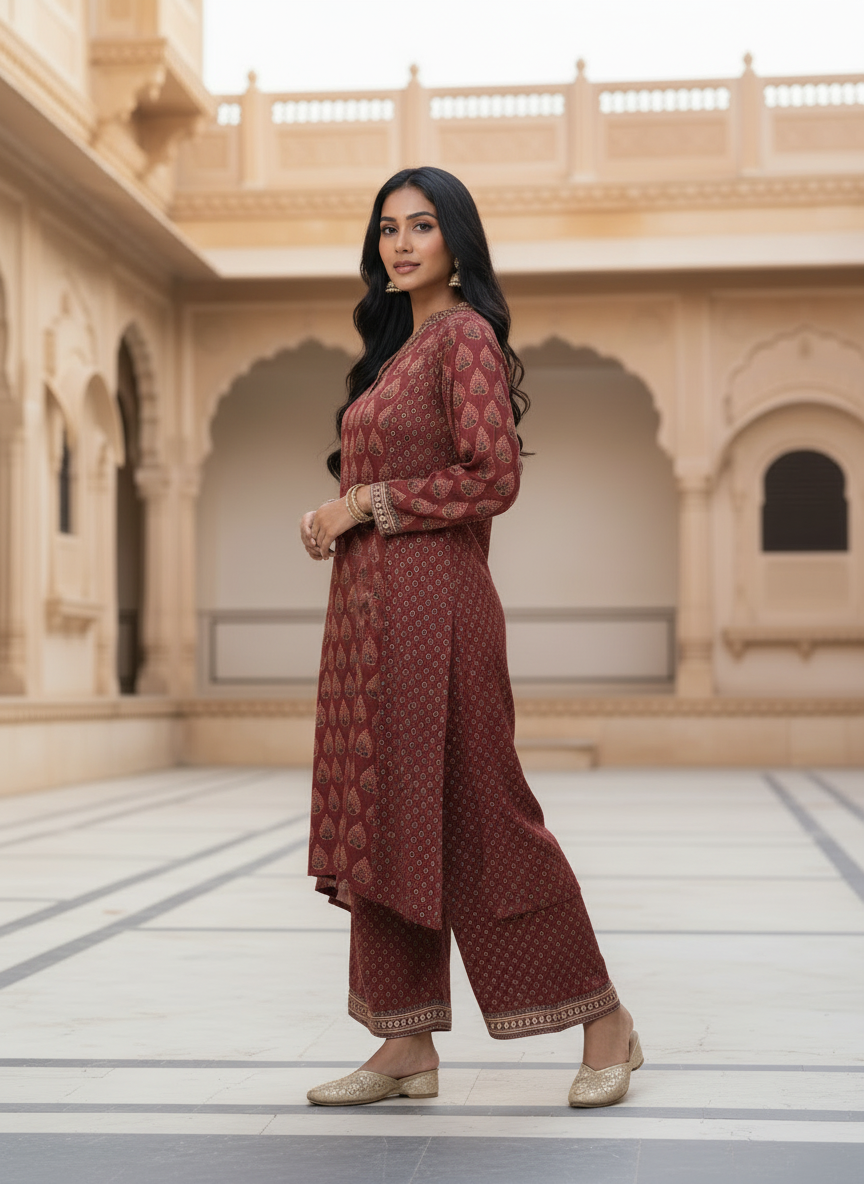 Maroon Ethnic Printed Kurta Set