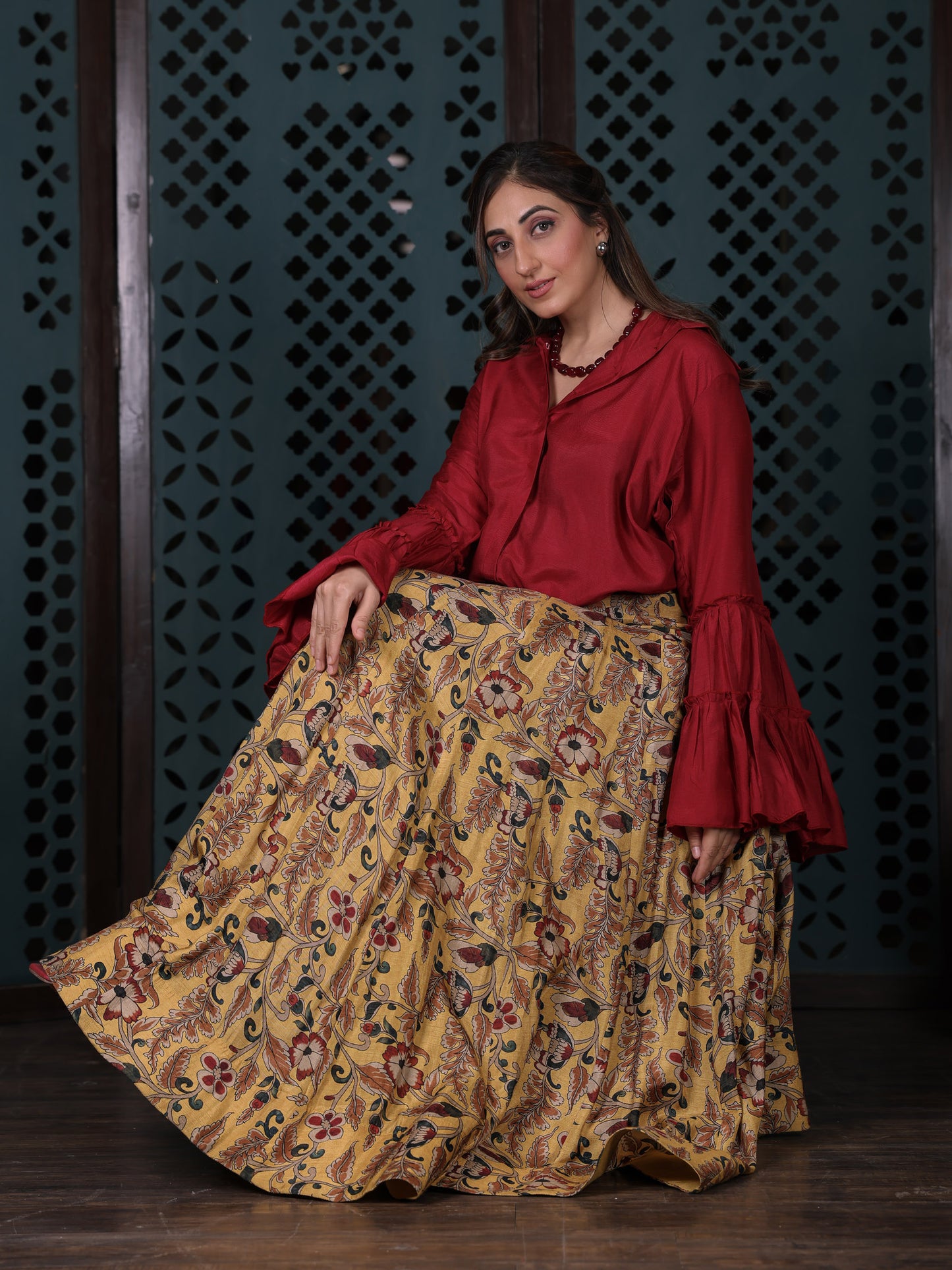 Yellow Floral Printed Flared Skirt