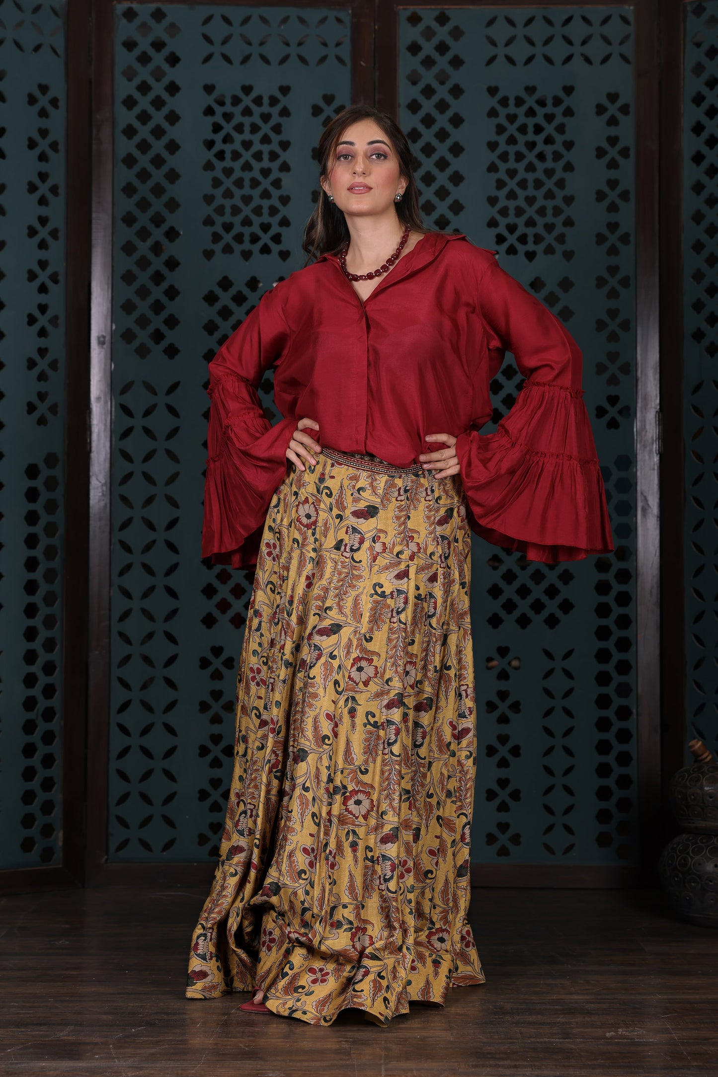 Yellow Floral Printed Flared Skirt