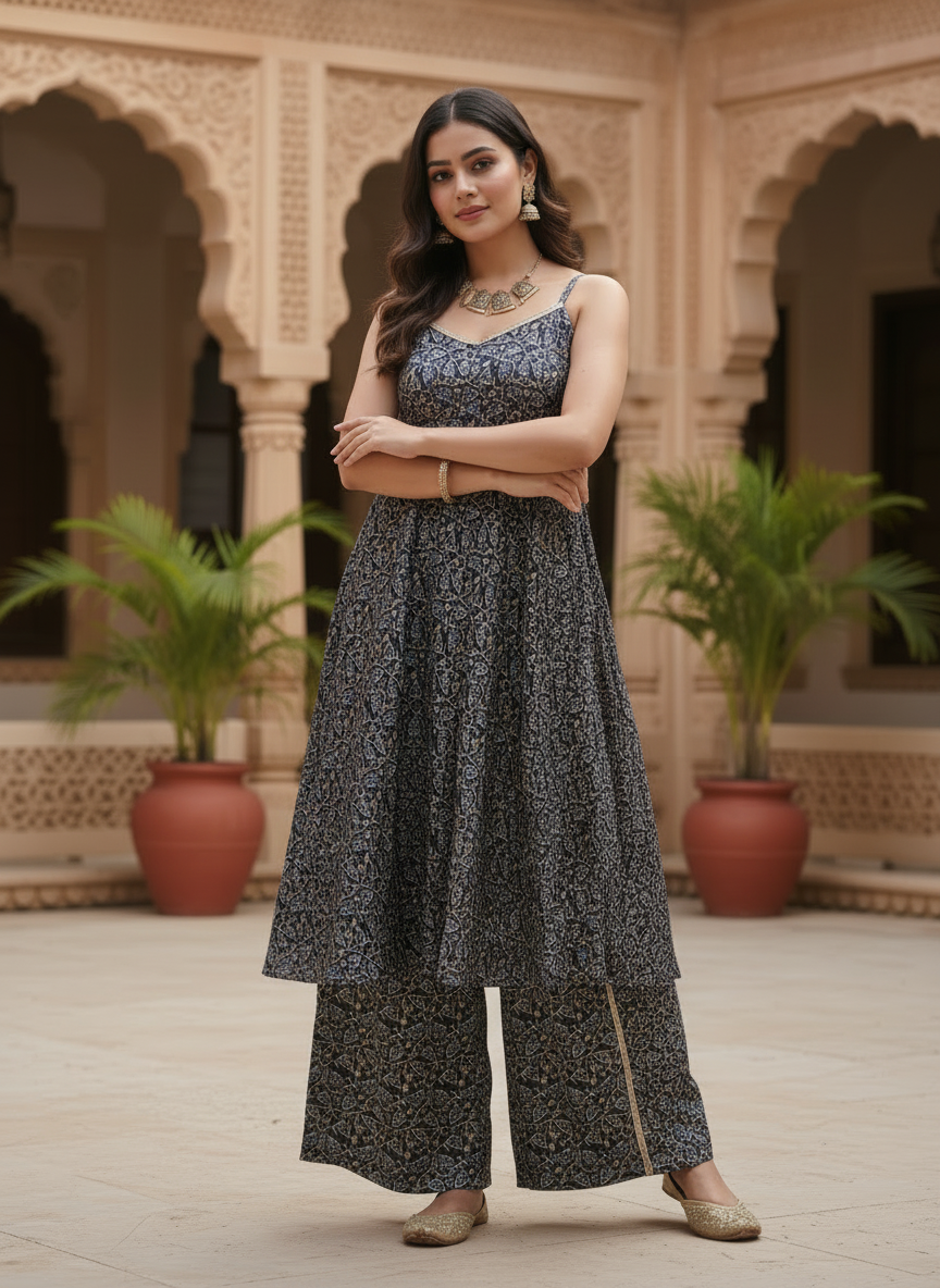 Navy Blue Leaf Print Co-ord Set With Flared Palazzo