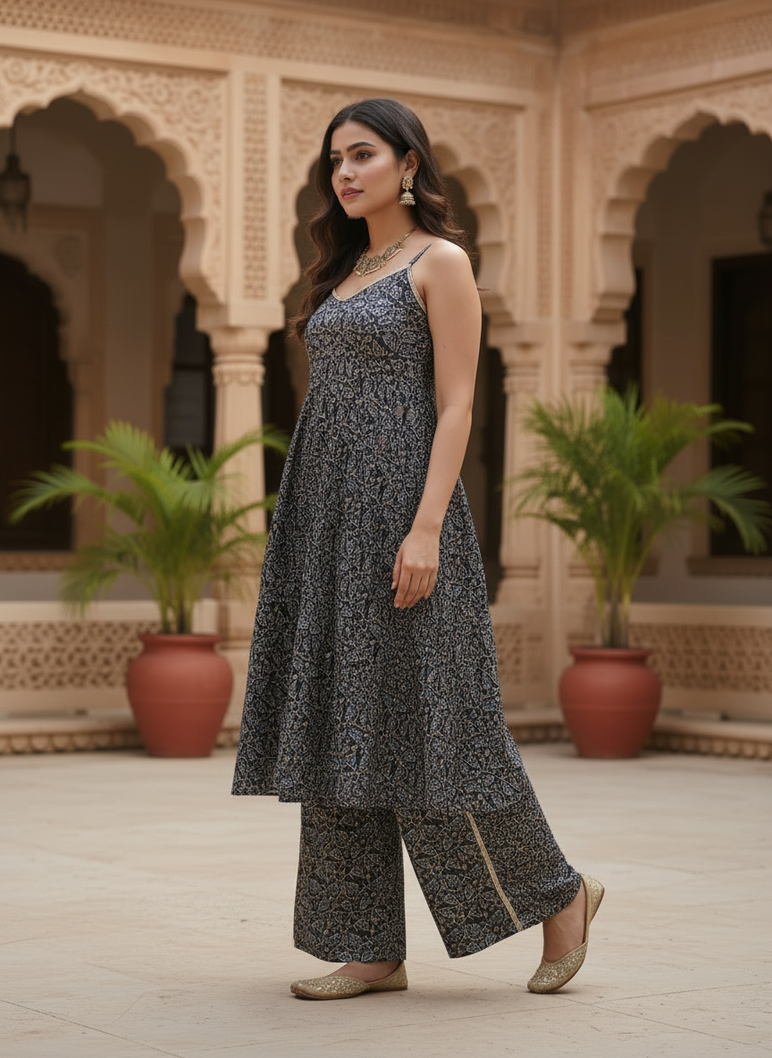 Navy Blue Leaf Print Co-ord Set With Flared Palazzo