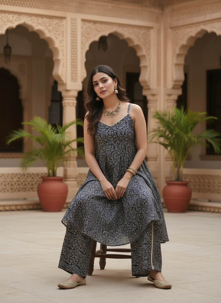 Navy Blue Leaf Print Co-ord Set With Flared Palazzo