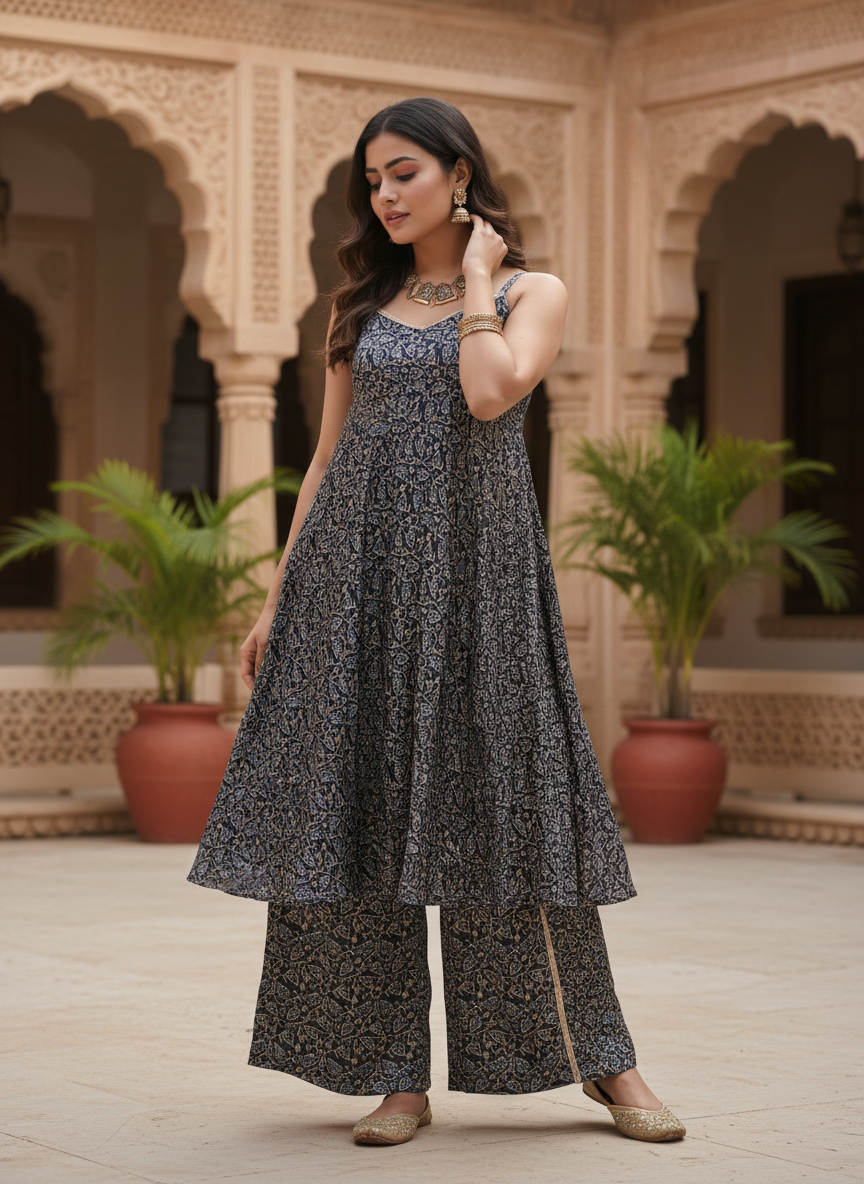 Navy Blue Leaf Print Co-ord Set With Flared Palazzo