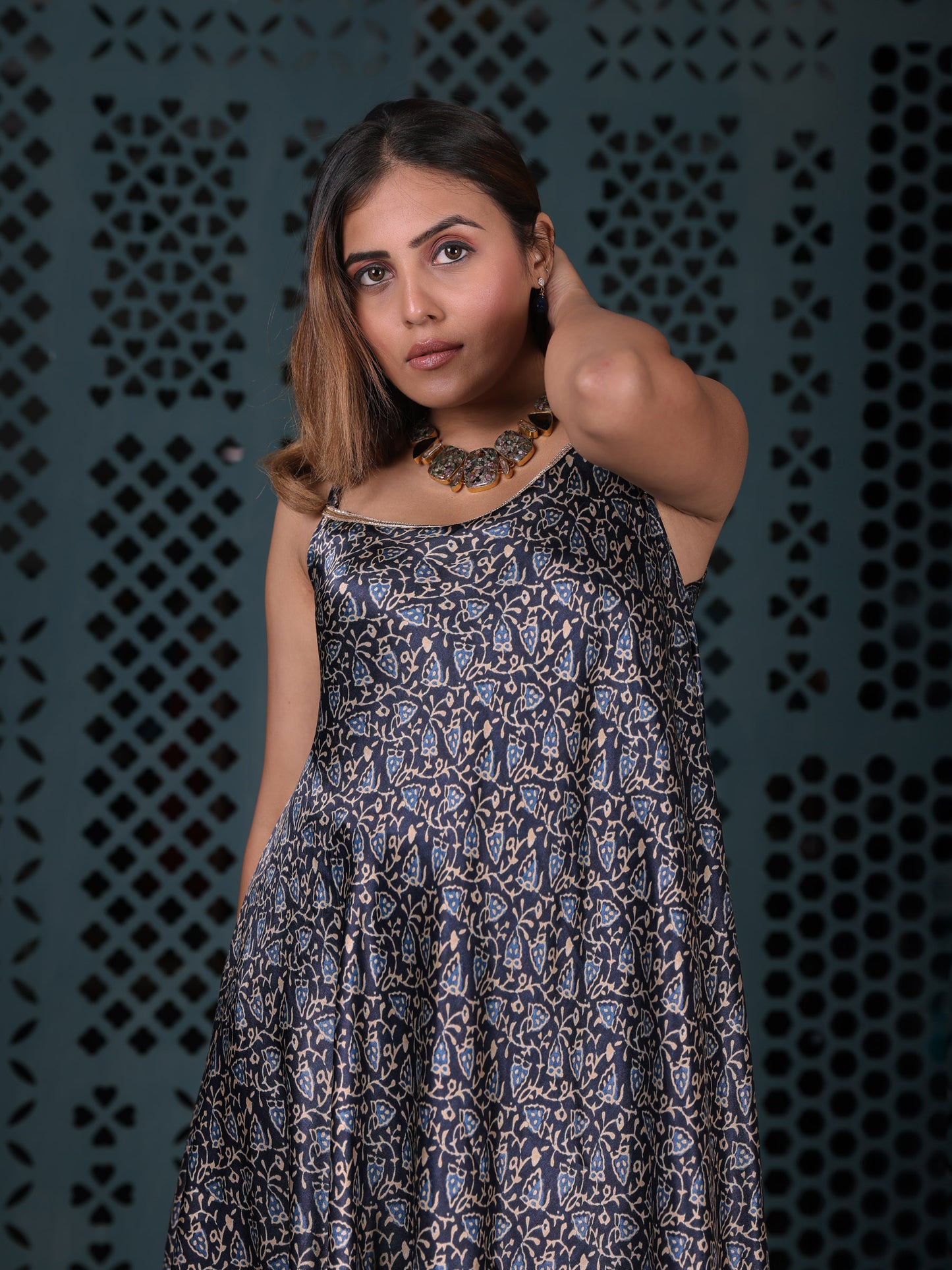 Navy Blue Leaf Print Co-ord Set With Flared Palazzo