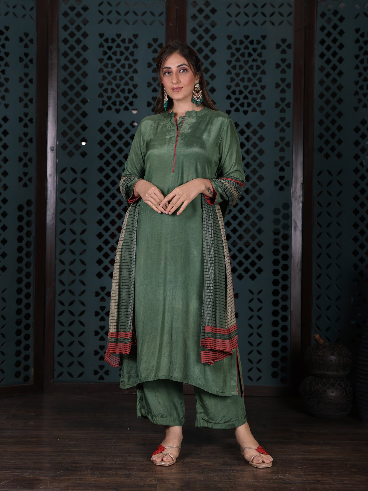 Olive Green Straight Kurta Set With Pants & Dupatta