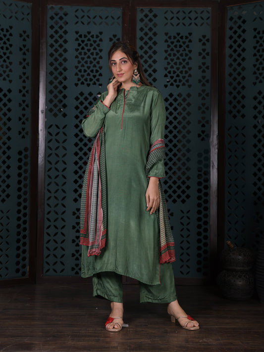 Olive Green Straight Kurta Set With Pants & Dupatta