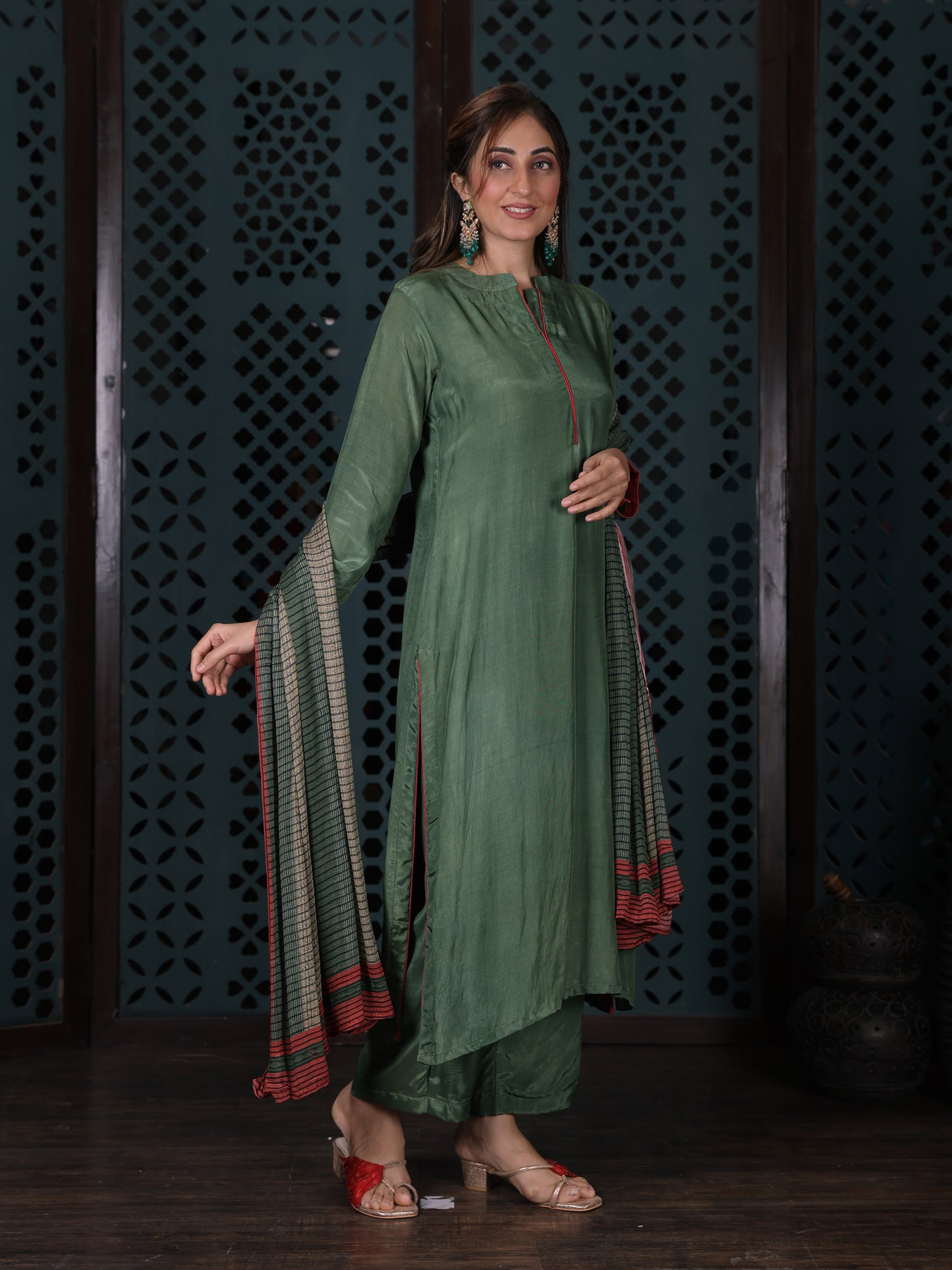 Olive Green Straight Kurta Set With Pants & Dupatta