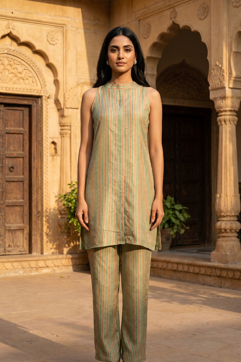 Earthy Stripe Sleeveless Crepe Co-Ord Set