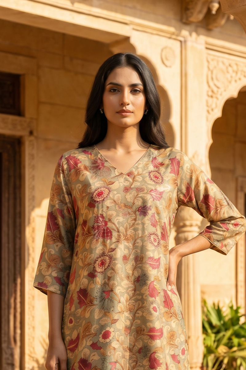 Earthy Floral Vine Kalamkari Co-Ord Set in Dola Silk