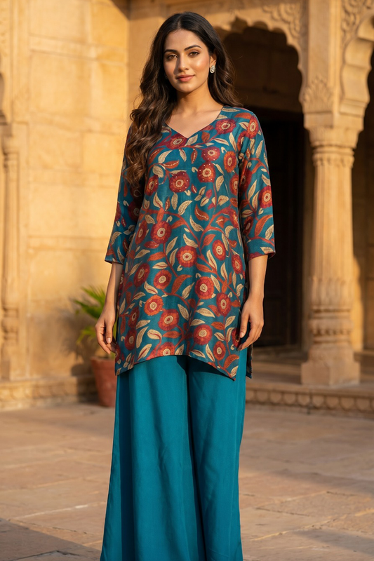 Teal Kalamkari Floral & Foliage Co-Ord Set in Dola Silk