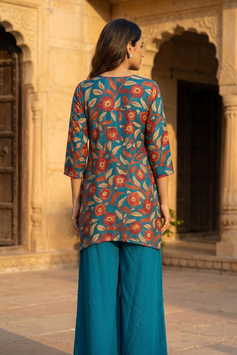 Teal Kalamkari Floral & Foliage Co-Ord Set in Dola Silk