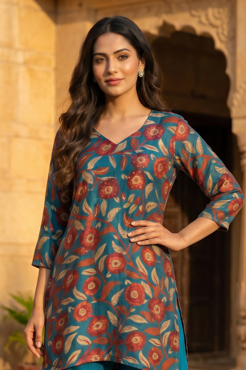 Teal Kalamkari Floral & Foliage Co-Ord Set in Dola Silk