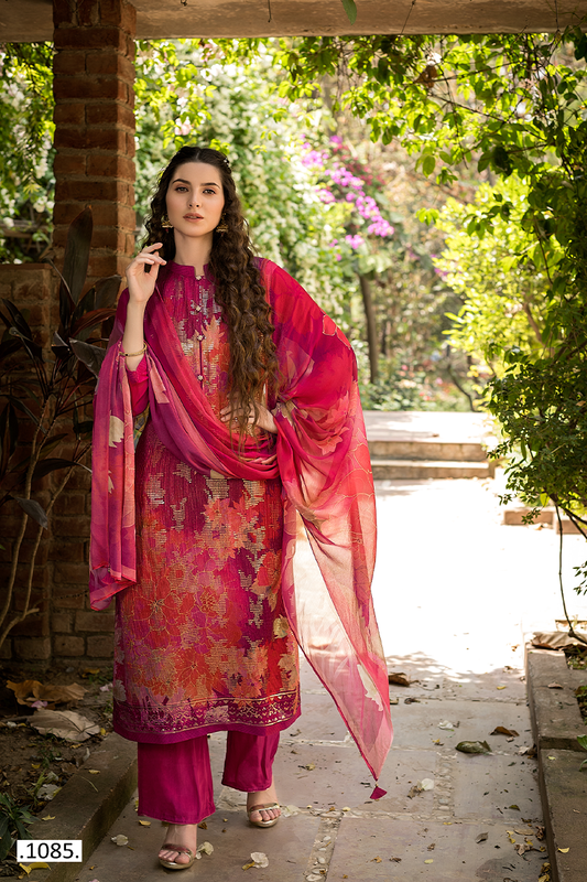 Floral Printed Muslin Suit Set with Sequin Work | 3-Piece - Set of 4