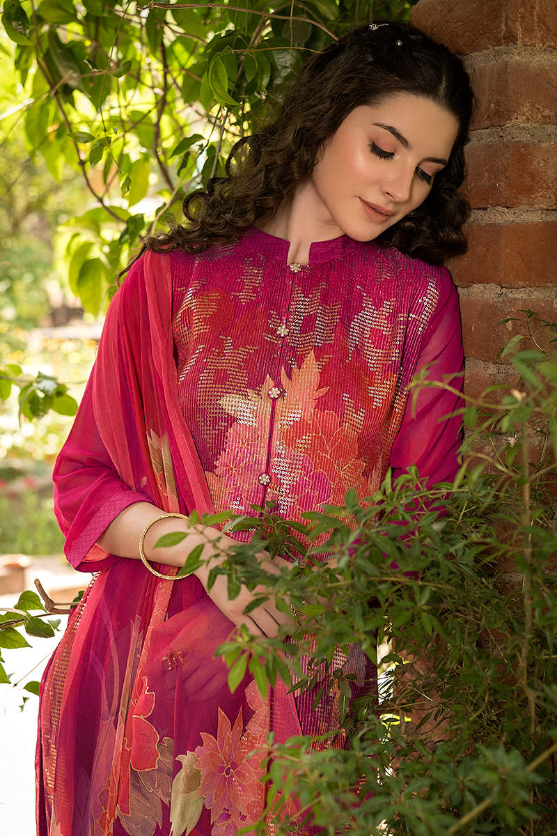 Rani Pink Floral Printed Muslin Suit Set with Sequin Work | 3-Piece