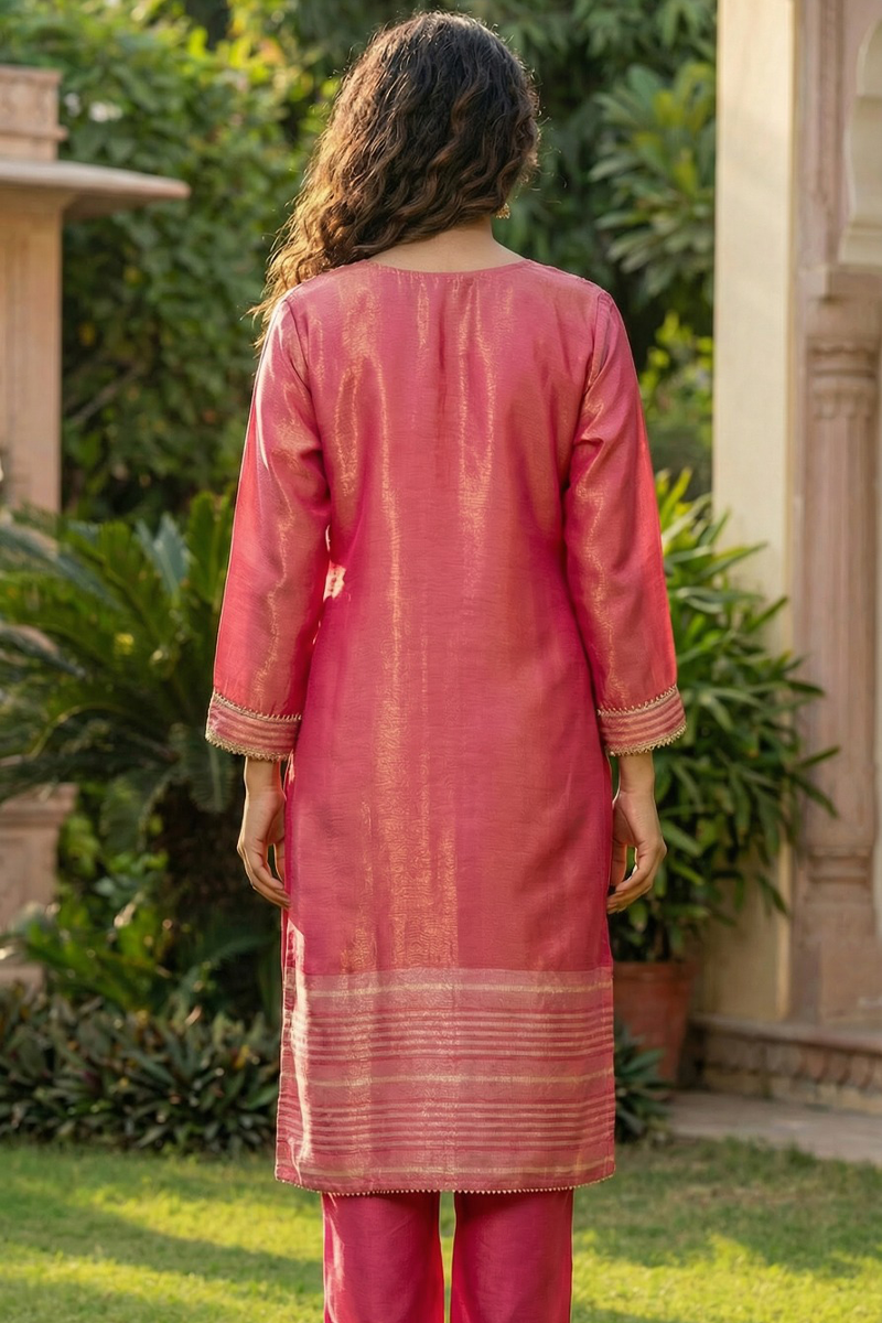 Zari Work Kurta Set - Rich Pink