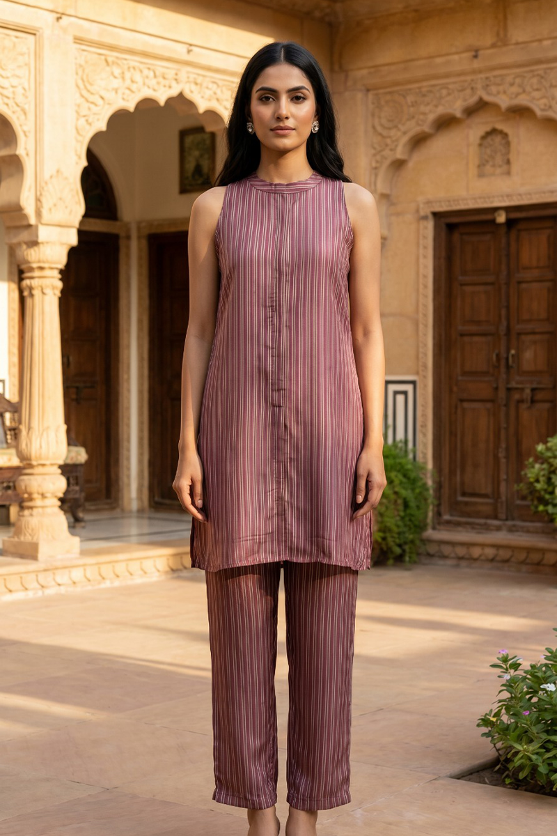Mauve Ivory Stripe Sleeveless Crepe Co-Ord Set