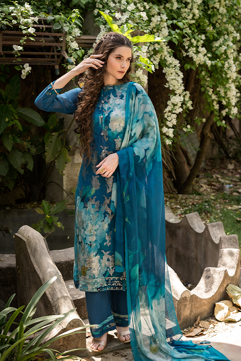 Peacock Teal Muslin Suit Set – Floral Print with Sequin Work (3-Piece)