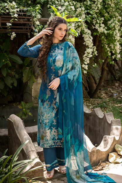 Peacock Teal Muslin Suit Set – Floral Print with Sequin Work (3-Piece)