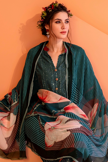 Deep Teal Muslin Sequin Suit Set with Floral Striped Dupatta - 3 Piece