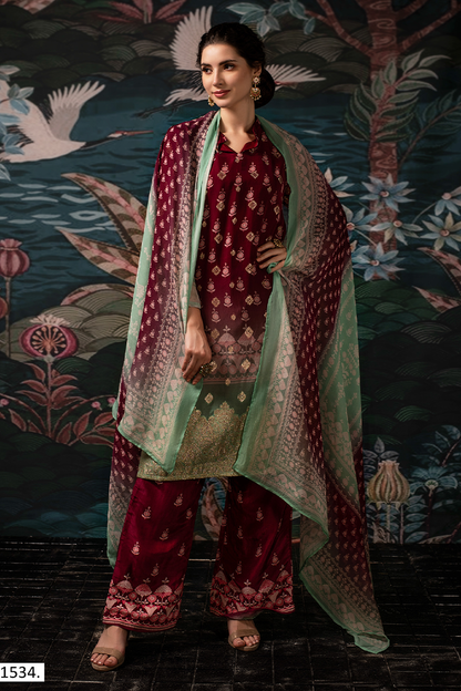 Maroon Dola Silk Jacquard Butti Suit Set with Mint Green Dupatta - 3 Piece