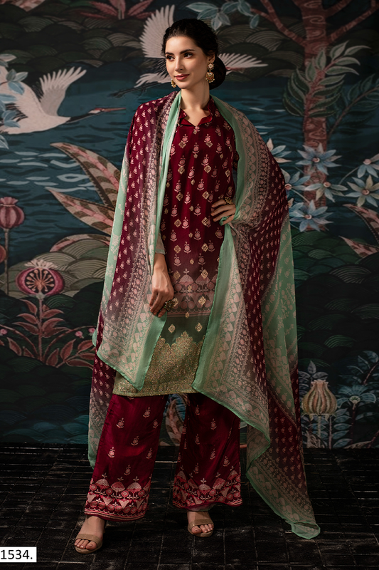 Maroon Dola Silk Jacquard Butti Suit Set with Mint Green Dupatta - 3 Piece