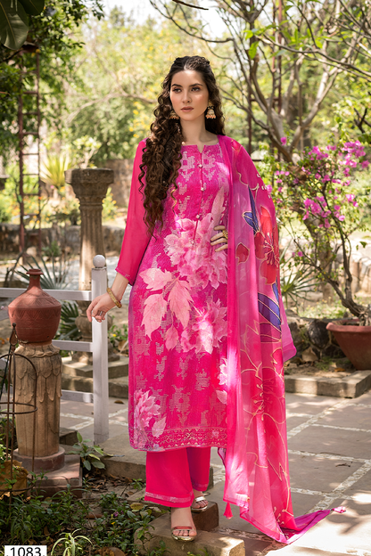 Hot Pink Floral Printed Muslin Suit Set with Sequin Work | 3-Piece